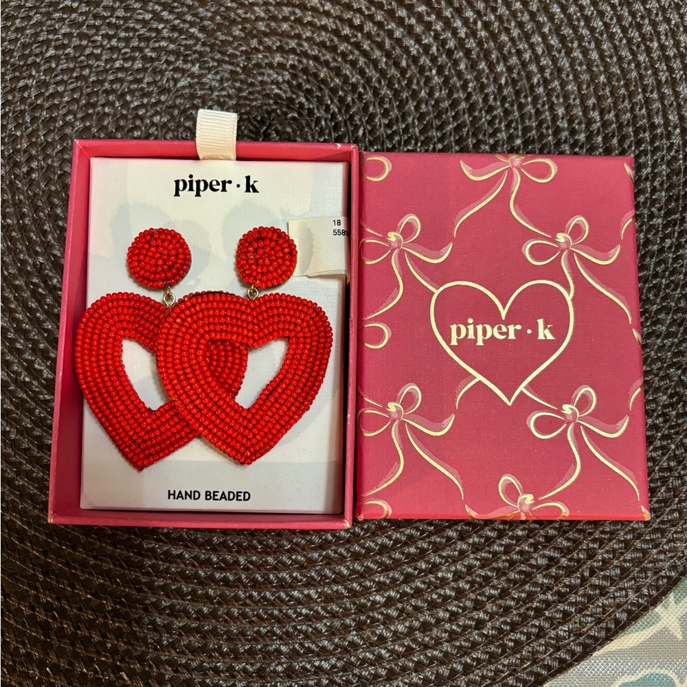 Piper K Red Beaded Heart Earrings